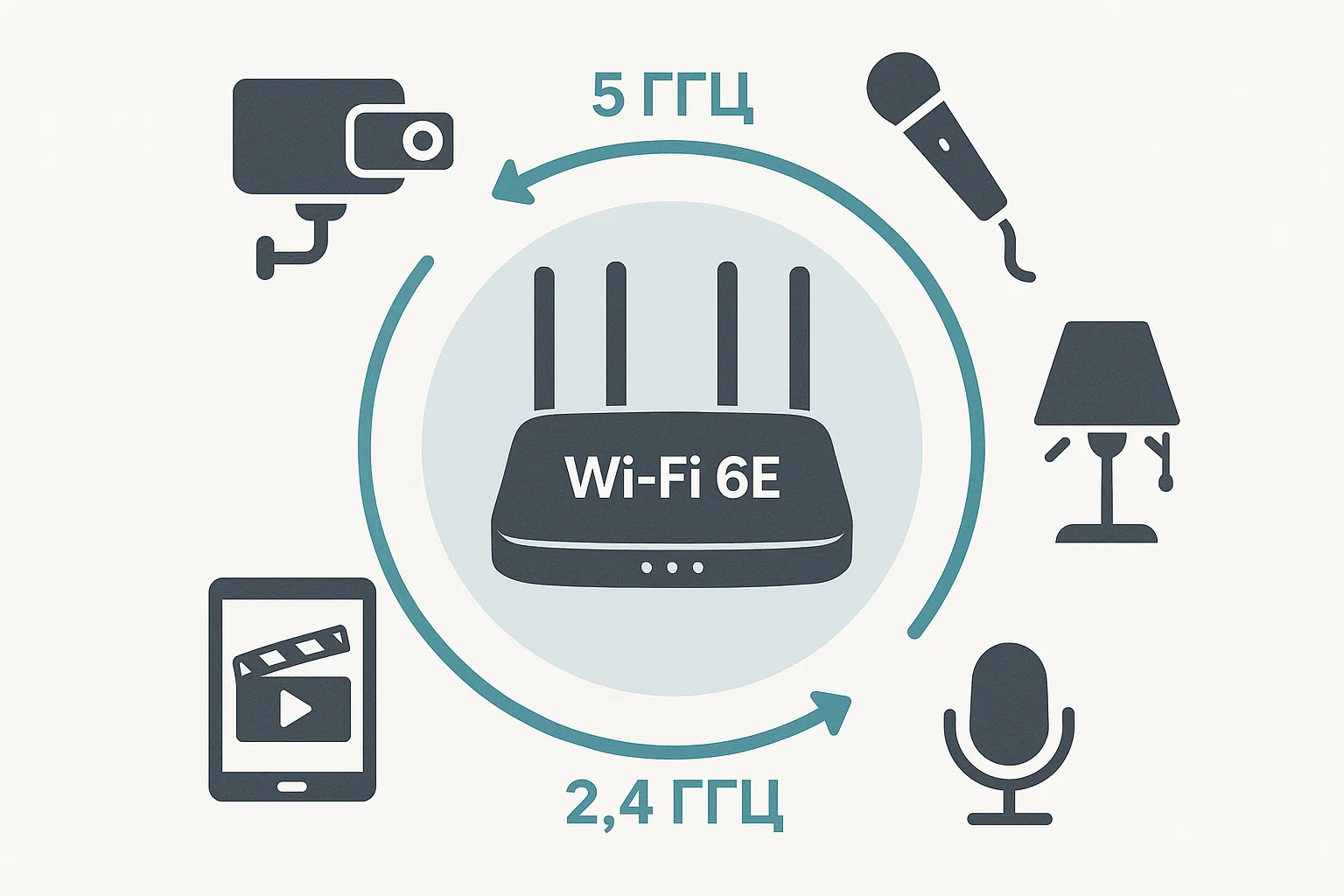 Инфографика: центральный роутер Wi‑Fi 6E, вокруг него иконки камер, микрофонов, световых приборов, планшета‑режиссёрской, синхронизированные стрелками 5 ГГц и 2,4 ГГц